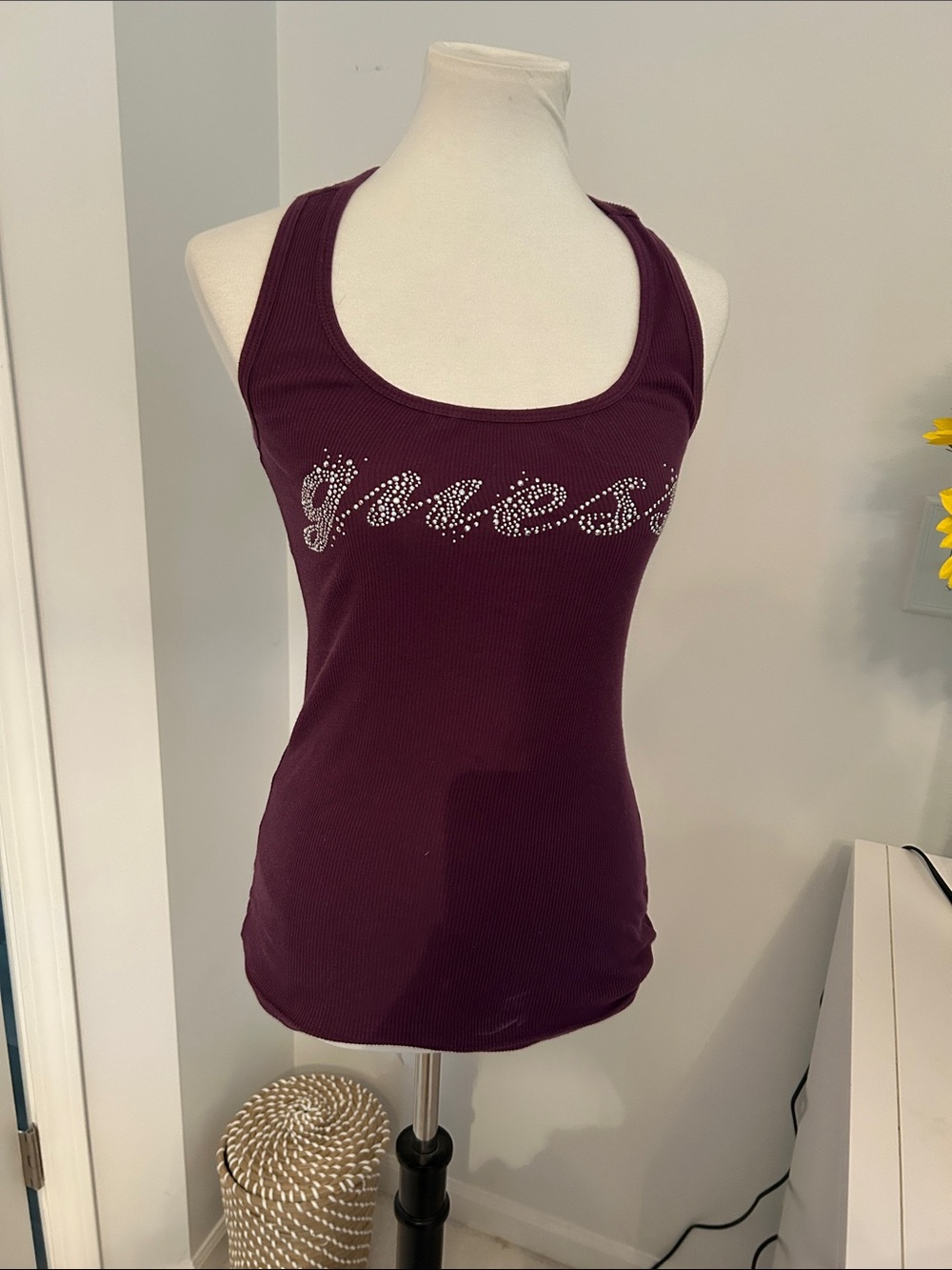 💗😻 Cutest y2k GUESS Plum Rhinestone Logo Ribbed Tank
